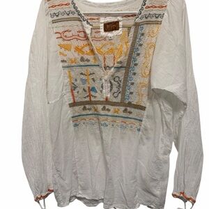 Johnny Was Ivory Blouse with Colorful Embroidery‎